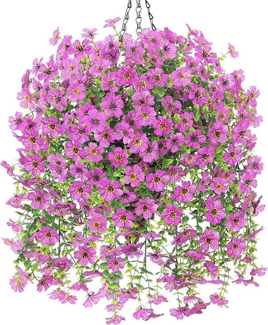 HyeFlora Artificial Hanging Flowers Basket for Outdoor, Fake Flowers Faux Plants Look Real for Yard Gardens Porch Patio Home (Purple)