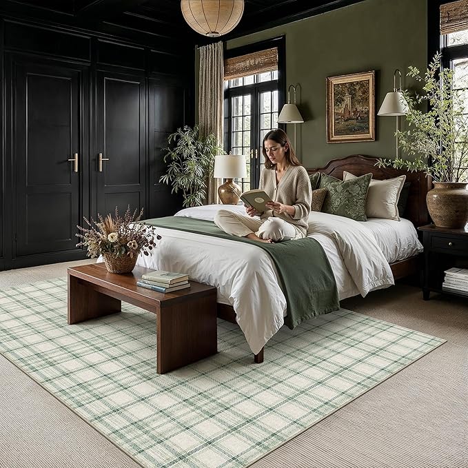 5x7 Green Area Rug for Living Room Bedroom Machine Washable Low Pile Checkered Carpet Modern Accent Soft Non Slip Rug for Dining Room Nursery Office Indoor