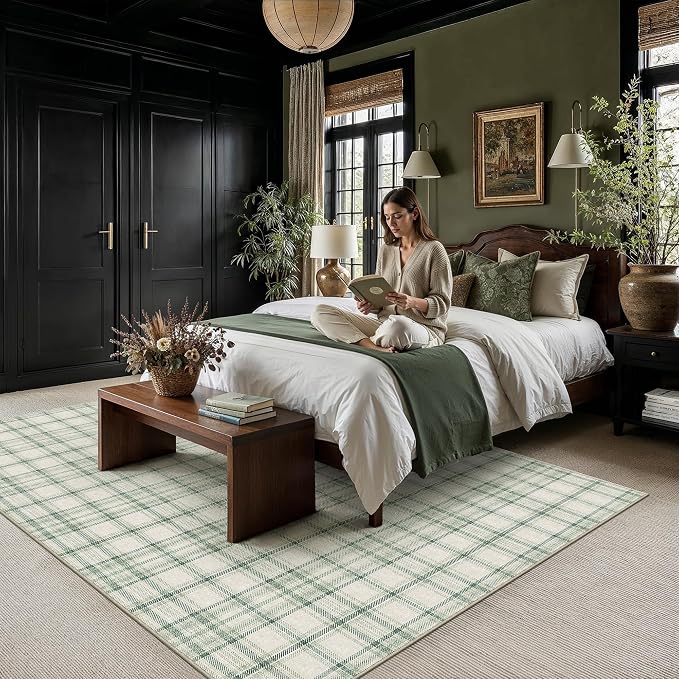 9x12 Green Area Rug for Living Room Bedroom Soft Low Pile Checkered Large Carpet Modern Accent Non Slip Rug for Dining Room Nursery Office Indoor