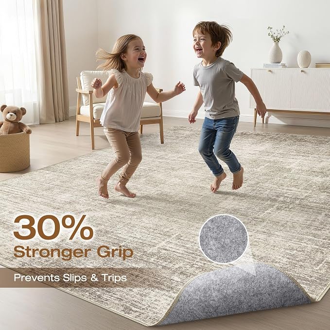 6x9 Area Rugs Living Room: Washable Large Neutral Brown Rug Abstract Soft Modern Stain Resistant Indoor Floor Non-Slip Carpet for Bedroom Nursery Kids Office Playroom Dining Room Under Table Home