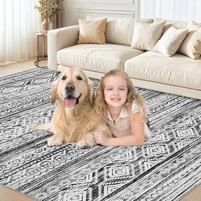 cotiled 10x12 Area Rug Living Room: Washable Boho Rugs with Non Slip Backing Large Soft Indoor Stain Resistant Carpet for Bedroom Farmhouse Dining Room Lightweight Home Decor White/Black
