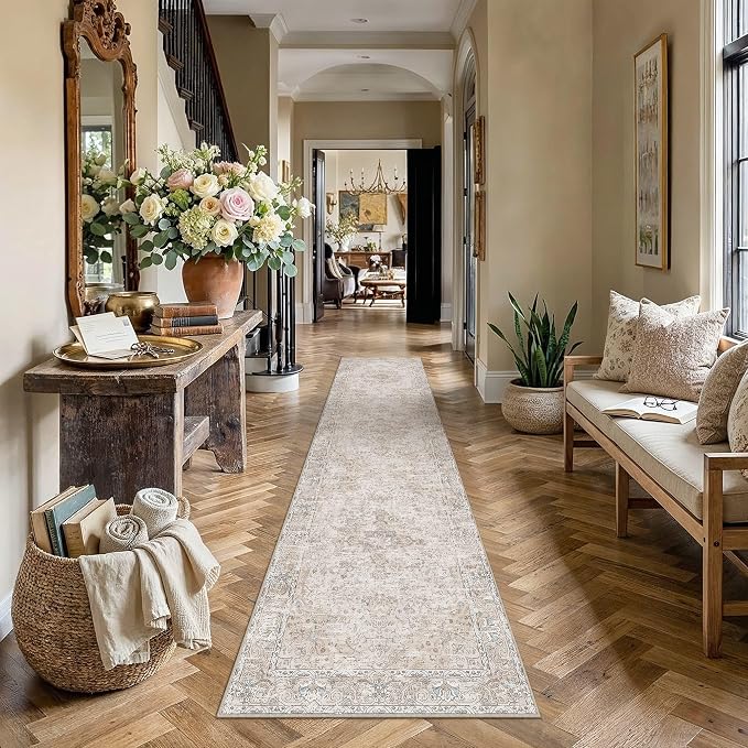 HUGEAR Hallway Runner Rugs 3x8 Washable Rug Beige Vintage Rug Carpet Low Pile Non Slip No Shedding Soft Durable Indoor Bedroom Kitchen Home Decor Floor Mat