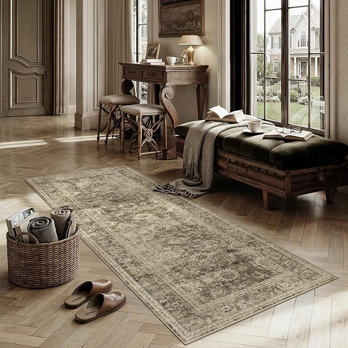 2x6 Washable Runner Rug for Kitchen Hallway Brown Vintage Non-Slip Low Pile Distressed Rustic Carpet Soft Long Throw Rug for Indoor Entryway Bedroom