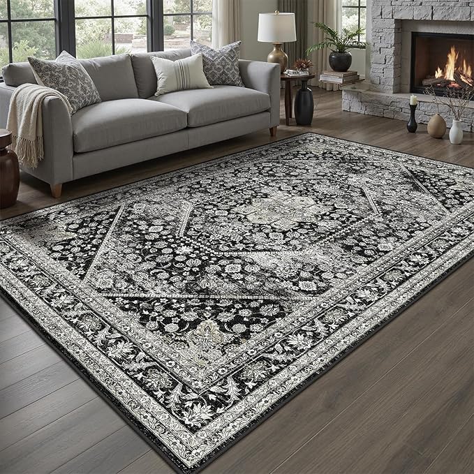DCX Machine Washable Black Area Rug 4x6, Non Slip Stain Resistant Vintage Floral Rug for Living Room Bedroom Dining Room, Soft Low Pile Large Carpet