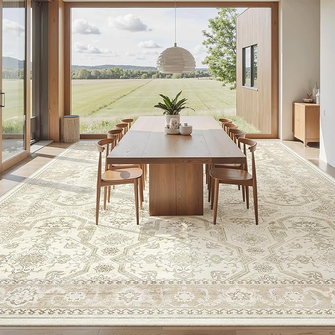 Soalmost 10x14 Area Rugs for Living Room, Non Slip Machine Washable Vintage Rugs, Low Pile Lightweight Large Rug for Bedroom, Dining Room, Home Office Beige/Brown