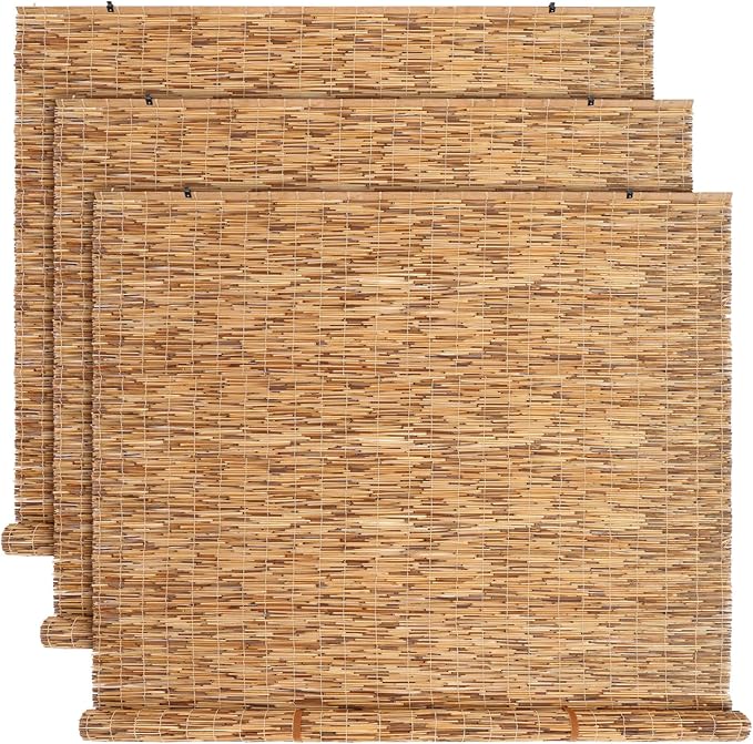 DoubleFill 3 Pcs Bamboo Shades Outdoor Reed Roll Up Blinds 72" W x 72" H Blackout Sunshade Cordless Bamboo Blinds for Home Porch, Patio & Windows Decor Shutters Sunlight Privacy Screen(Carbon Brown)