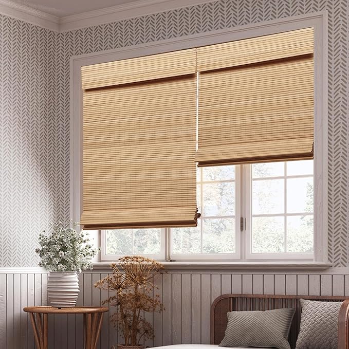 LUCKUP Cordless Bamboo Roman Blinds Shades for Indoor Windows-Blackout Room Darkening Roman Blinds with 6" Valance Cover Enhanced Privacy, 32" W x 64" H