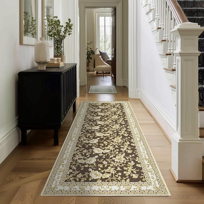 Brown Runner Rugs 2x6 for Hallway Kitchen Bedroom Beside Laundry Room Bathroom Rug Boho Modern Washable Non Slip Low Pile Stain Resistant Soft Long Carpet Mat Brown Cream Beige Floral Pattern