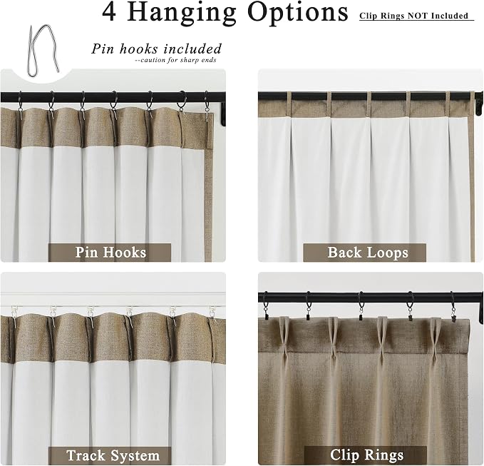 Central Park Café Brown Pinch Pleat Light Filtering Curtain Panel with Microfiber Liner 112 Inches for Living Room, Linen Blended Window Treatment Drape for Bedroom with Back Tabs Hooks, 40"Wx112"Lx2