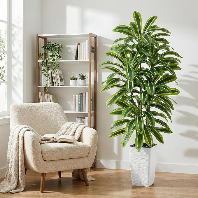 Artificial Dracaena Tree：6FT Faux Silk Tropical Yucca Floor Trees Realistic Fake Green Plant with Natural Wood Trunk & Lifelike Leaves for Home Office Decor Indoor & Outdoor (6FT,1-Pack,White)