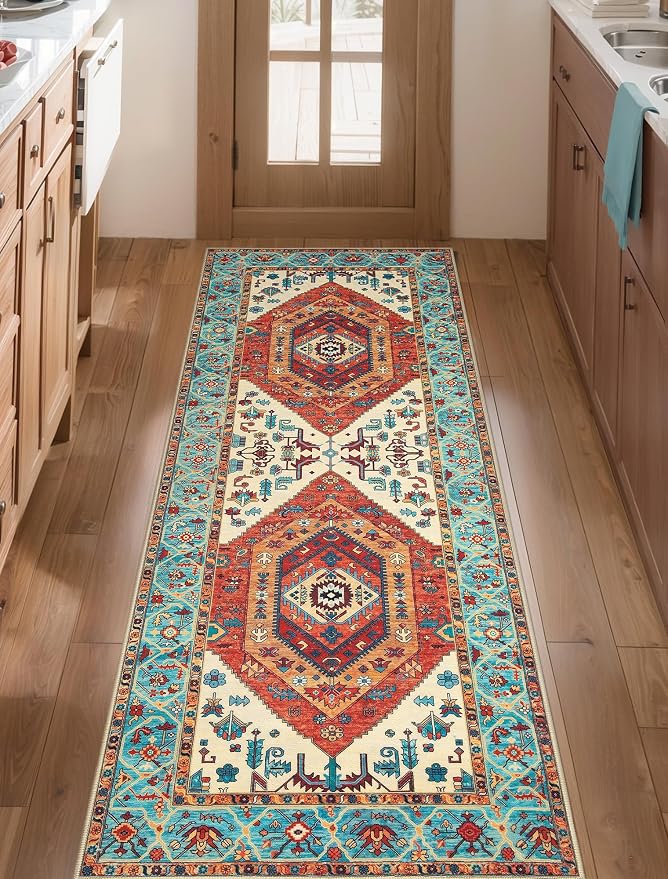 SERISSA Boho Washable Runner Rug, 2x5 Rug Runner Non-Slip Vintage Orange Hallway Kitchen Runner Rug Ultra Soft Print Distressed Tribal Floor Carpet Runner for Bedroom Bathroom Laundry Living Room