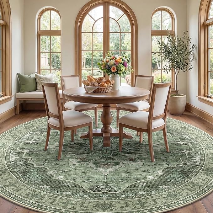 RELEANY Area Rugs 8ft Washable Non-Slip, Floral Vintage Distress Print Pattern Medallion Carpet for Living Room Bedroom Dining Room, Dark Green Gray