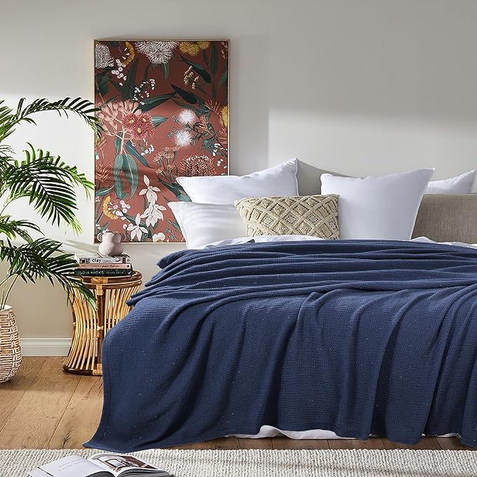 TreeWool Premium 100% Cotton Waffle Summer King Blanket (90"x108", Navy) | 420 GSM Breathable Lightweight Moisture Wicking Soft Knit Thermal Blanket for Bed or Sofa All-season Comfort Machine Washable