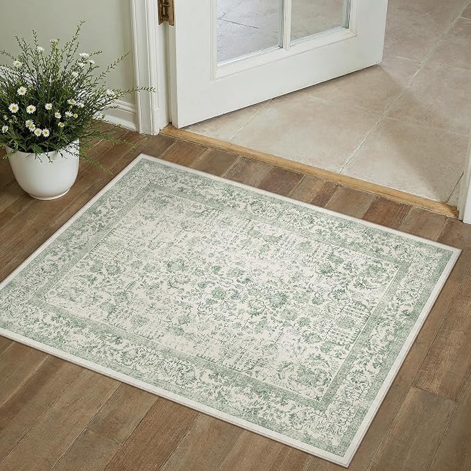 PureCozy Sage Green Area Rug 2x3 Washable Vintage Distressed Entryway Carpet Non Slip Neutral Door Mat Low Pile Retro Floral Farmhouse Accent Throw Small Rug for Bathroom Laundry Kitchen Dining Room