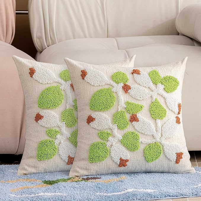 White Floral Embroidered Throw Pillow Covers 18" x 18" Set of 2, Farmhouse Flowers Green Leaves Tufted Patterned Cushion Cases for Couch Bed Living Room Decor