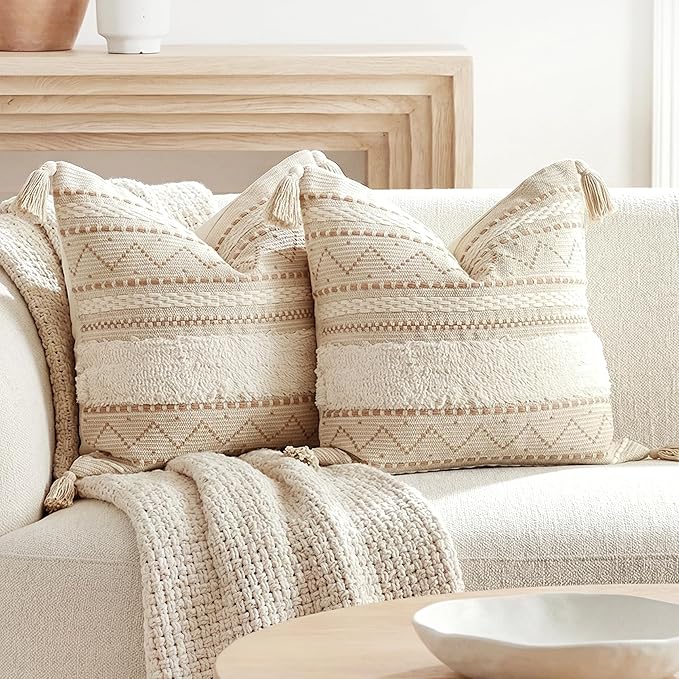 BlissBlush Decorative Throw Pillow Covers 18X18 Combo Set of 2 Square Cream Neutral White Boho Accent Pillowcase Tassels Farmhouse Cushion for Couch Sofa Bedroom Living Room Home Décor Cover ONLY
