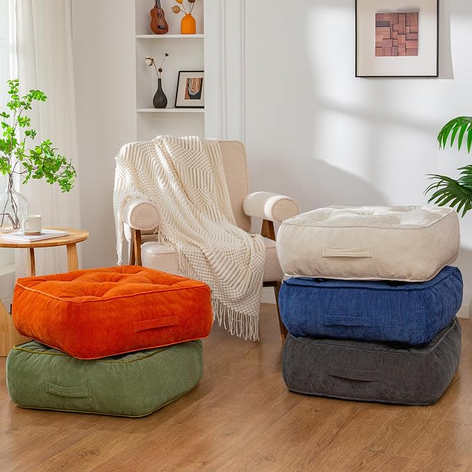 HIGOGOGO 8" Extra Thick Floor Pillow Cushion for Adults, Meditation Cushion Pillow with Handle, Lustrous Chenille Tufted, Square Floor Sitting for Tatami Living Room or Yoga, 22x22 Inch, 2Pack, Navy