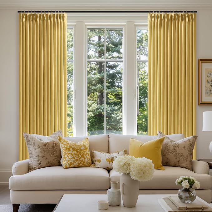 72 Inch Pinch Pleated Linen Curtains 2 Panels for Living Room Bedroom Boho Farmhouse Mustard Ochre Yellow Semi Sheer Back Tab Pinch Pleat Hooks Rings Spring Gold Yellow Window Curtain for Autumn Fall