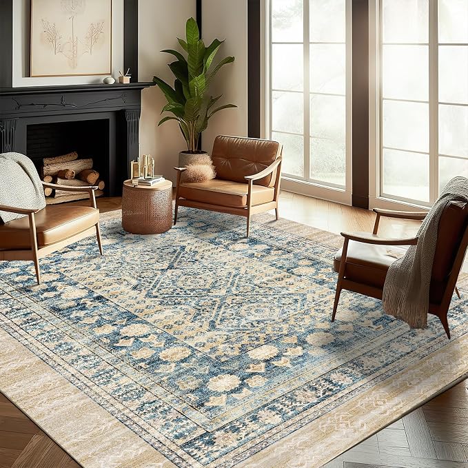 CHAMPLANT Washable Area Rug 8'x10' Retro Boho Design Non-Shedding Non-Slip Easy Care Ideal for High Traffic Areas in Living Room Bedroom Office Coffee Table Kitchen Large Carpet