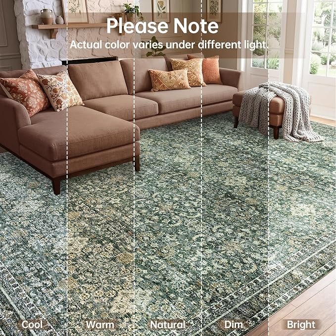 Sasttie 6x9 Area Rugs, Ultra-Soft Washable Rug, Low Pile Foldable Thin Carpets with Non-Slip Backing, Skin-Friendly Stain Resistant Carpet for Living Room, Bedroom, Kitchen, Dorm, 6x9, Dark Green