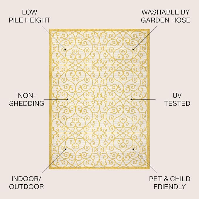 JONATHAN Y Vintage Filigree Indoor Outdoor Area Rug 8X10 Cream/Yellow, Madrid Textured Weave for Backyard, Patio, Porch, Easy-Cleaning, High Traffic, Pet-Friendly, Non-Shedding (SMB107D-8)