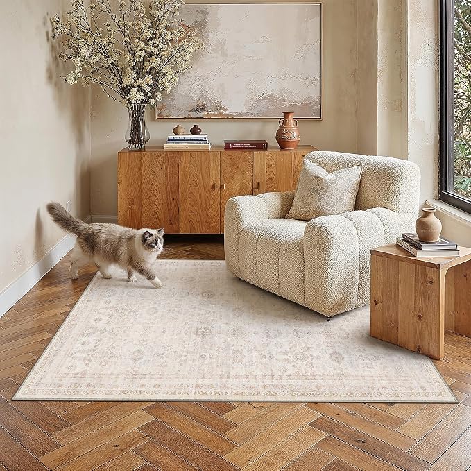 4x6 Washable Neutral Area Rug for Living Room Beige Apricot Floral Non Slip Low Pile Large Rug Indoor Vintage Carpet Bedroom Dining Room Nursery Office Playroom