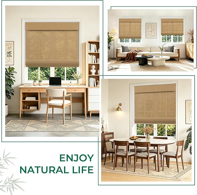 Allesin zen No Drill Cordless Bamboo Roman Shades, Light Filtering Brown, Custom Size