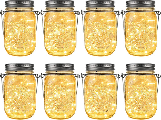 GIGALUMI Solar Mason Jar Lights, 8 Pack 30 Led String Fairy Lights Garden Lights Outdoor Waterproof Metal Lid Hanging Solar Lanterns for Outdoor, Garden, Patio, Lawn, Balcony Decoration