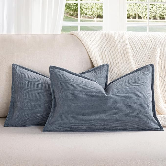 ZWJD Dusty Blue Pillow Covers 12x20 Set of 2 Chenille Throw Pillow Covers with Elegant Design Soft and Luxurious Decorative Throw Pillows for Couch, Bed, and Home Decor