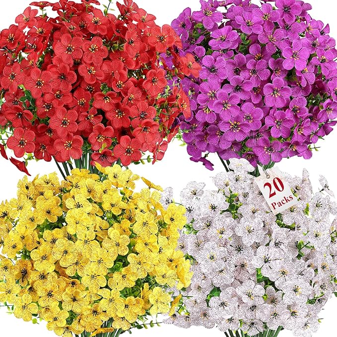 Alupssuc 20 Bundles Artificial Flowers for Outdoor Indoor Decoration, UV Resistant No Fade Fake Plants Eucalyptus, Colorful Faux Spring Flowers for Outside Yard Porch Patio Garden Home Window Box
