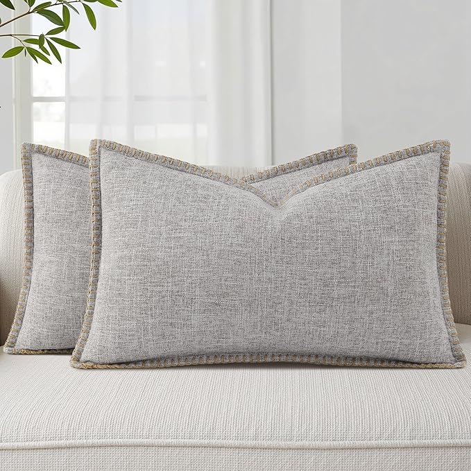 decorUhome Summer Decorative Throw Pillow Covers 12x20 Set of 2 Lumbar Faux Linen Outdoor Neutral Farmhouse Pillow Covers with Stitched Edge for Couch Sofa Living Room, Light Grey