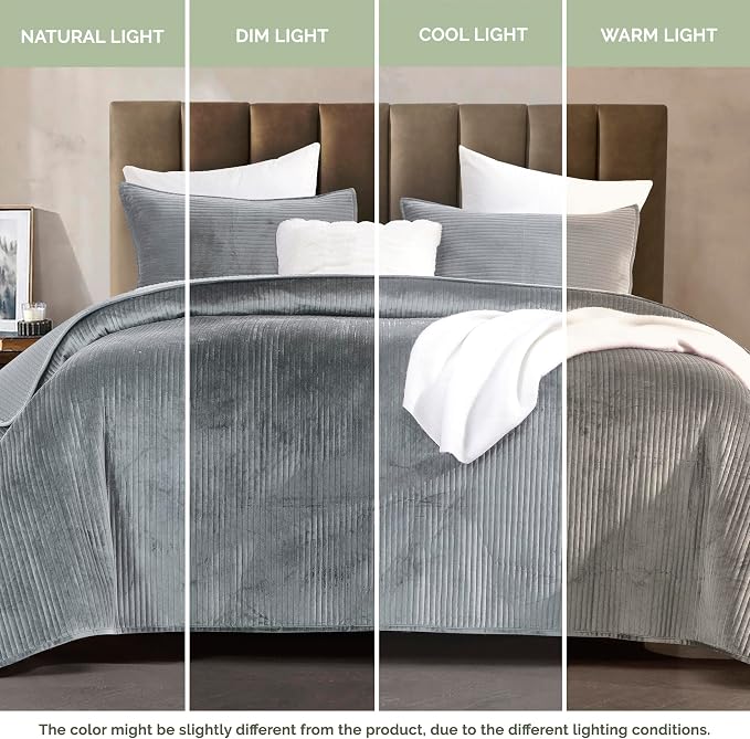 Elegant Comfort Luxury 3-Piece Velvet Corduroy Stripe Quilt Set, Ultra Soft Bedspread - Cozy Velvet Coverlet Set - 3PC Medium Weight Quilted Set with Matching Pillow Shams, King, Gray
