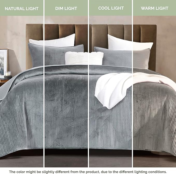 Elegant Comfort Luxury 3-Piece Velvet Corduroy Stripe Quilt Set, Ultra Soft Bedspread - Cozy Velvet Coverlet Set - 3PC Medium Weight Quilted Set with Matching Pillow Shams, Twin XL, Gray