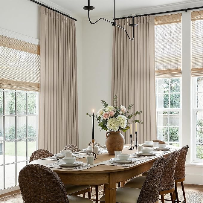 Burlywood Birch Pinch Pleat Linen Curtain 105 Inches Long for Living Room Back Tab Neutral Vintage Rustic Farmhouse Curtain Burlap Textured 105 Inch Tan Pinch Pleated Drape for Dinning Room Bedroom