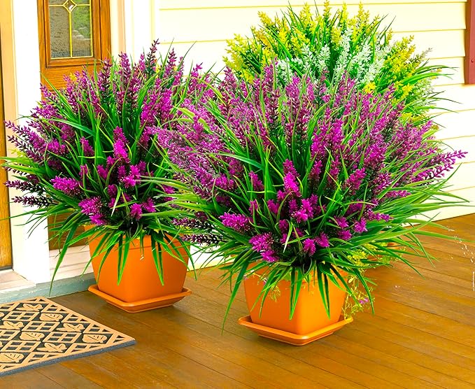 TSTWETO Artificial Plants Outdoor, 20 Pcs Fake Flowers UV Resistant Outdoor Fake Plants, Lavender Artificial Flowers Plastic Fake Faux Flowers Shrubs for Home Porch Garden Yard Window Box