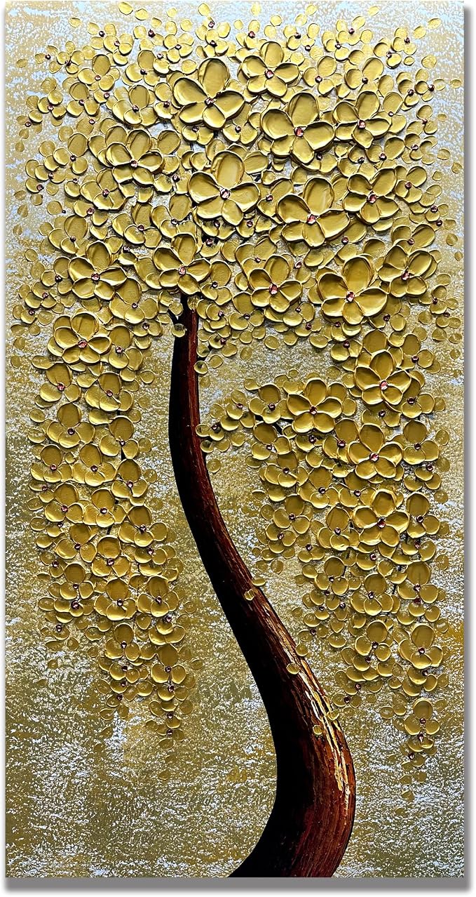 Yika Art Paintings - 24X48 Inch 3D Golden Flower Tree Wall Art Abstract Textured Knife Platte Acrylic Painting on Canvas 3D Flowers Tree Paintings Ready to hang
