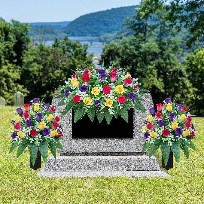 LVXINLI Artificial Cemetery Flowers Saddle-Shaped Tombstone Decorations Non-Fading UV-Resistant（Yellow+Purple+Brilliant Red Saddle）