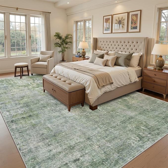 Soalmost 7x10 Area Rug for Living Room Washable Abstract Vintage Soft Thin Indoor Floor Non-Slip Carpet for Bedroom Dining Room Green Ivory
