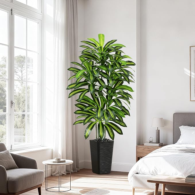Artificial Dracaena Tree - 5FT Tall Fake Plants with Black Square Planter - Artificial Plants Indoor Floor Plant in Pot - Large Tropical Fake Yucca Potted Tree for Home Office Living Room Decor