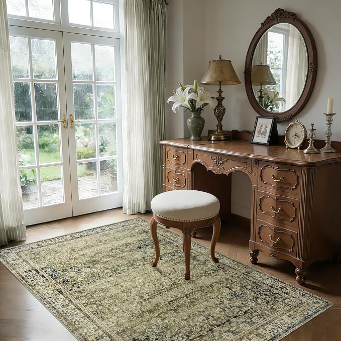 BILEEHOME Olive Green Boho Area Rug 5 x7 for Living Room Washable Non Slip Low Pile Stain Resistant Rubber Backed Cottagecore Neutral Bedroom Nursery Rugs 5x7