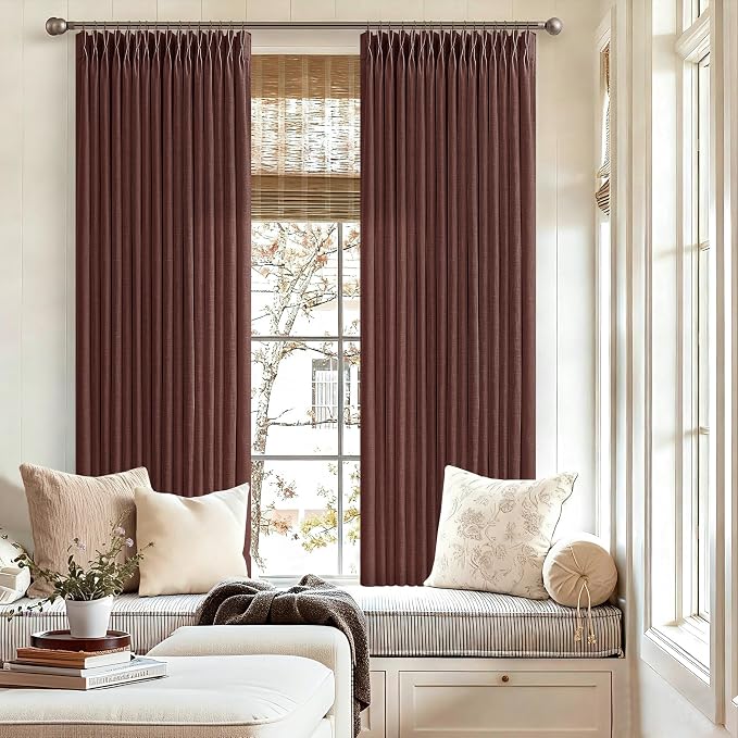 Chestnut Brown Pinch Pleated Linen Curtains 63 Inch Long Country Rustic Memory Training Semi Sheer Pleat Drapes with Hooks Rings 50 Inch Wide Back Tab Curtain 2 Panels Set for Dining Room Bedroom