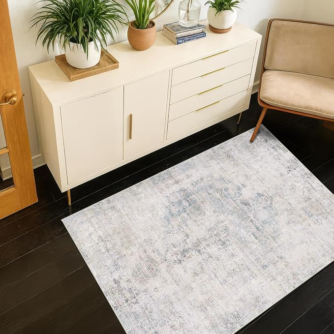 Washable Light Blue Rugs for Entryway Indoor - 3x5 Throw Rug for Large Kitchen, Bedroom Bedside, Bathroom, Mudroom, Mordern Abstract Medallion Aqua Décor, Non Slip Low Pile Fade Resistant