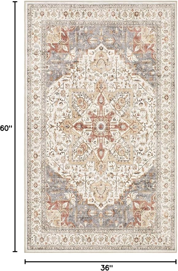 Tortania Area Rug Living Room Rugs - 3x5 Washable Rug Vintage Oriental Distressed Farmhouse Small Thin Indoor Carpet for Living Room Bedroom Under Dining Table Home Office - Orange Multi