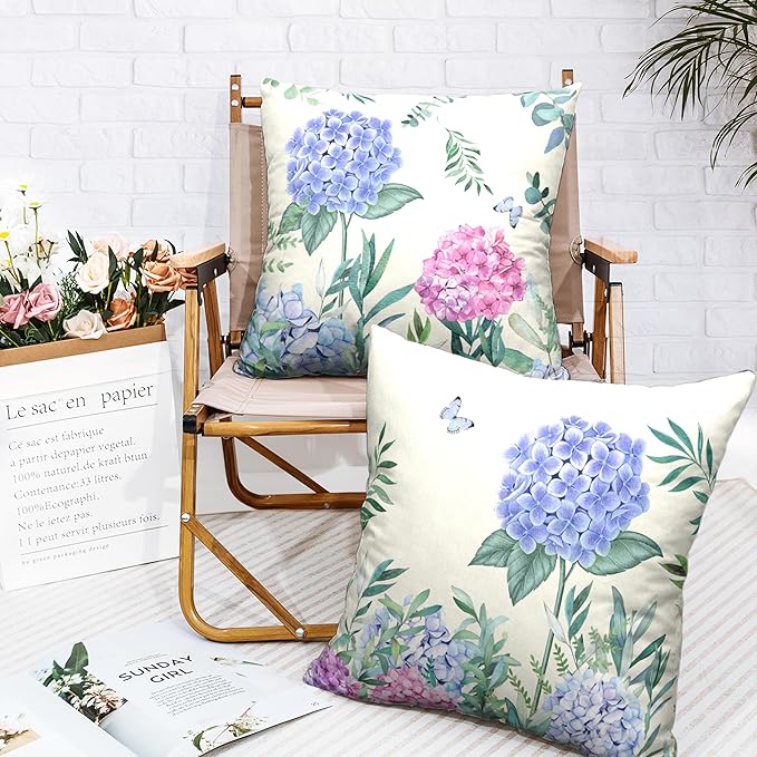 Pack of 2 Hydrangea Pillow Covers 22x22 Spring Summer Flower Pillows Decorative Throw Pillows Cover for Living Room Outdoor Patio Sofa Floral Butterflies Pillow Case