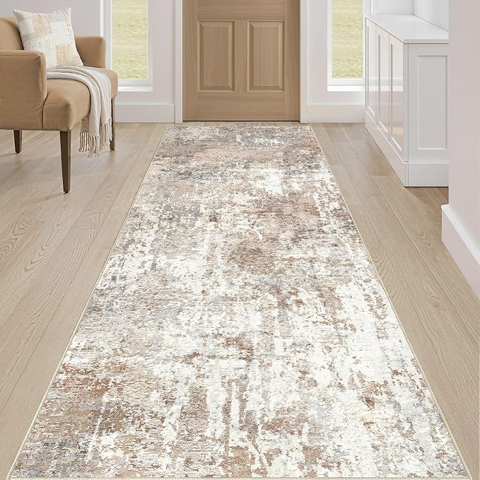 Runner Rug Kitchen Washable Rugs: 2x5 Non-Slip Abstract Soft Modern Stain Resistant Indoor Floor Neutral Accent Throw Carpet for Hallway Bathroom Laundry Room Entryway Bedroom- Brown