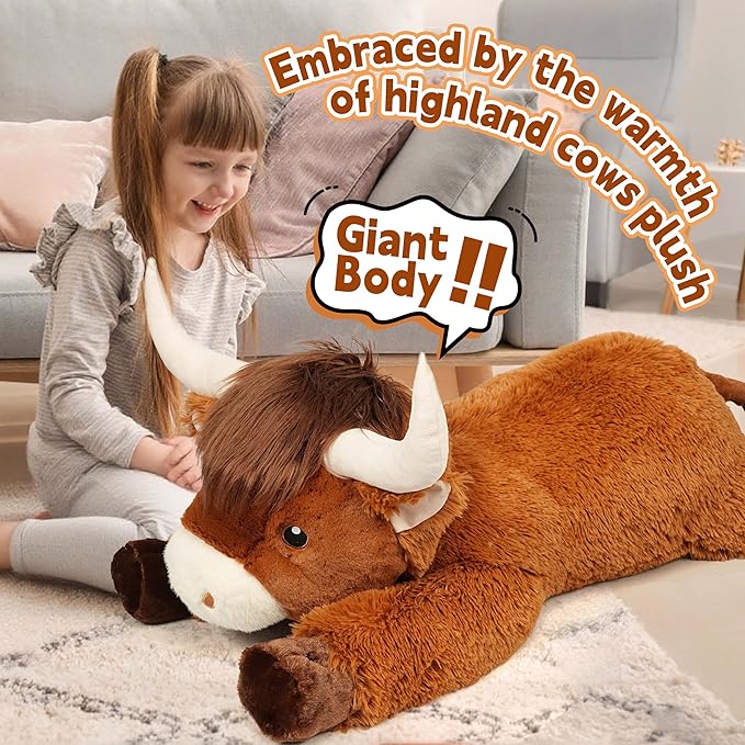 39 Inch Giant Highland Cow Stuffed Animal, Big Cattle Plushie Toy for Kids & Adults, Fluffy Large Size Stuffed Cow Hugging Pillow Gifts for Birthday Christmas