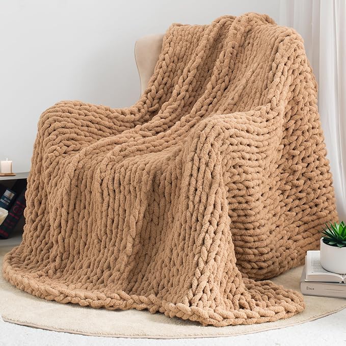 Chunky Knit Throw Blanket 60x80, 100% Handmade Chenille Yarn | 6.7lbs Soft Thick Cable Knitted Blankets, Large Rope Knot Crochet Throws for Couch Sofa Bed Machine Washable, Tan Brown