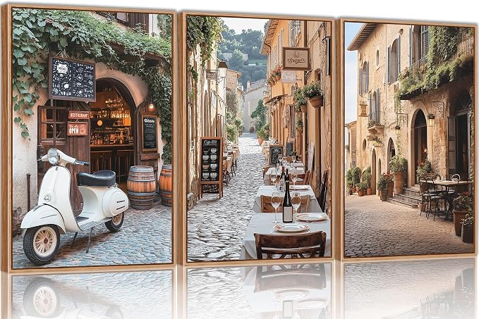 SIKERIC Vintage Italy City Landscape Wall Art Set of 3, Modern Minimalist Europe Street Framed Canvas Art Prints, Country Farmhouse Wall Decor for Living Room, Bedroom, Office - 16 x24inch