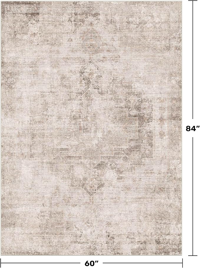 Hazo Haus Washable 5x7 Area Rugs for Living Room, Neutral Beige & Peach Farmhouse Rug for Dining Room & Bedroom, Ultra Soft Low-Pile Non-Slip Stain Resistant