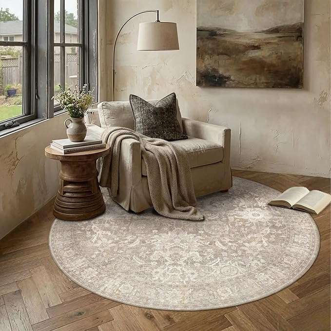 HUGEAR 5x5 Round Rugs Beige Washable Rug for Living Room Bedroom Large Neutral Vintage Rug Carpet Distressed Soft Durable Non Slip No Shedding for Indoor Dining Nursery Farmhouse